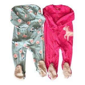 Carters Girls 24M Fleece Footed Pajamas Lot 2 Unicorn Floral Pink Blue Sleeper